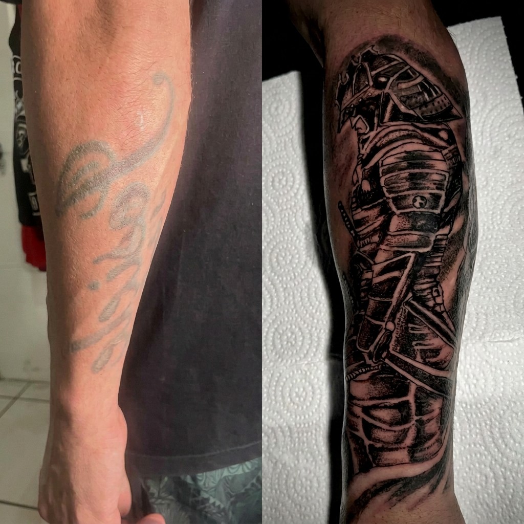 Comparação da tatuagem antes e depois da cobertura: pele com tatuagem antiga à esquerda e nova tatuagem à direita